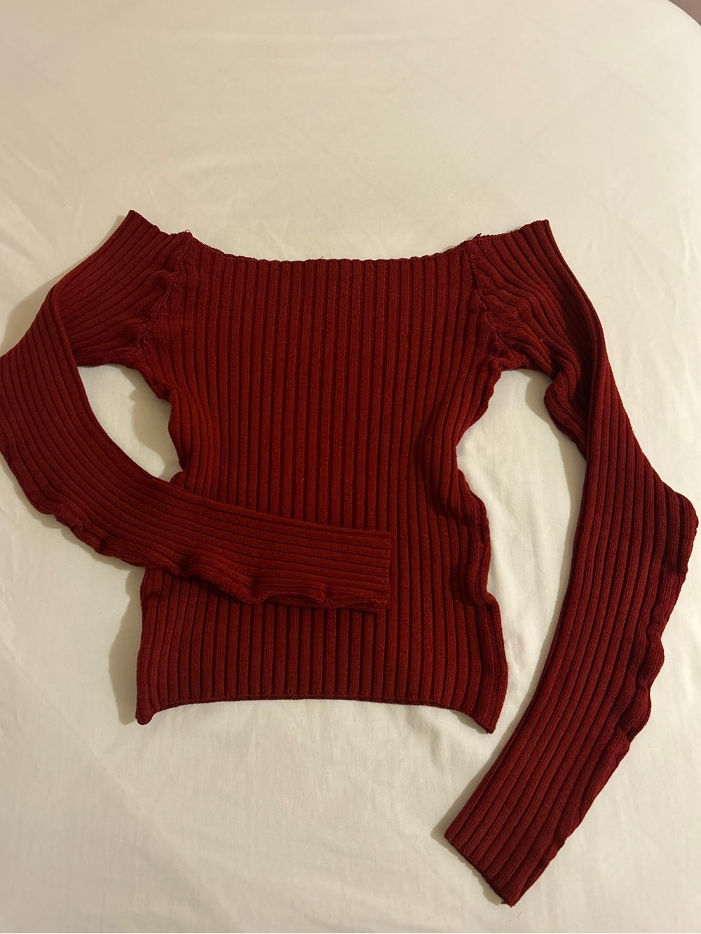 Off-Shoulder Ribbed Sweater - Crimson